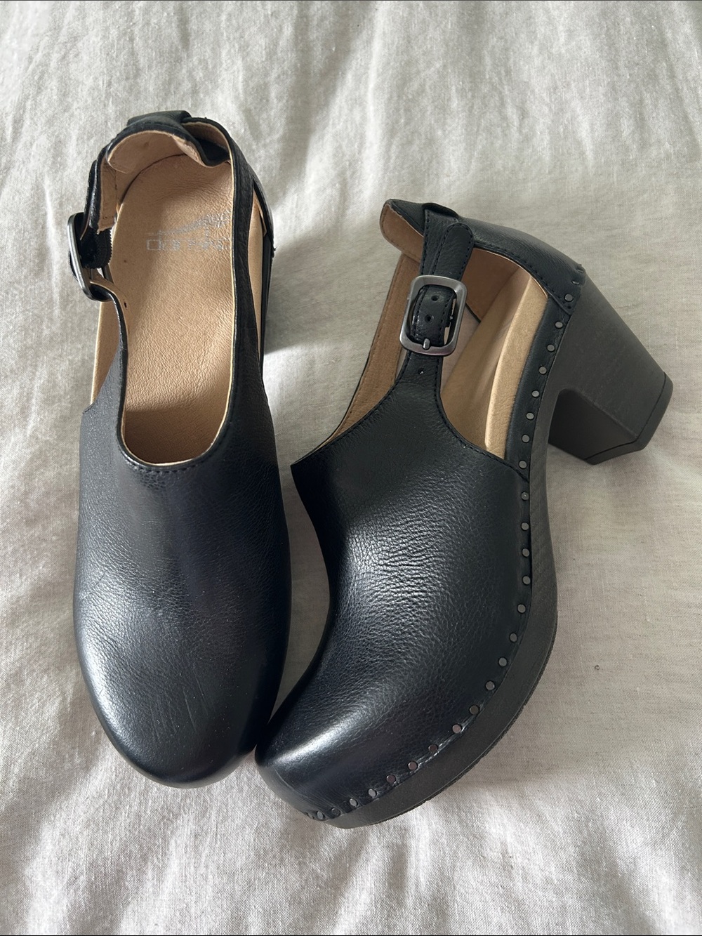 Dansko Black Leather Buckle Clogs with Block Heel